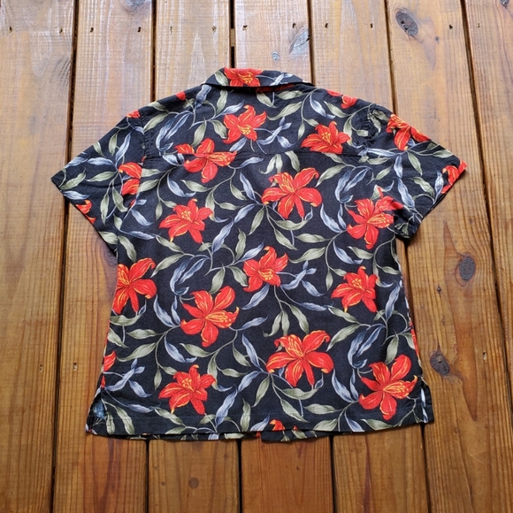 Vintage 90's M black tropical lily short sleeve button top - Picture 2 of 5